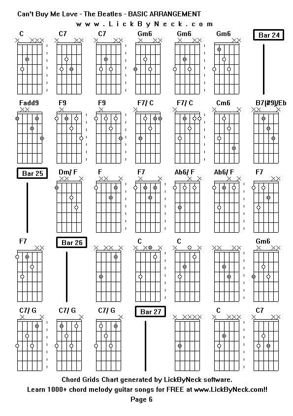 Chord Grids Chart of chord melody fingerstyle guitar song-Can't Buy Me Love - The Beatles - BASIC ARRANGEMENT,generated by LickByNeck software.